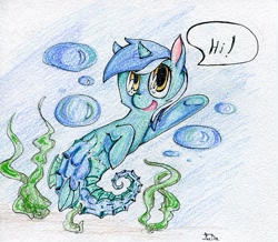 Size: 481x419 | Tagged: safe, artist:foxda, lyra heartstrings, merpony, bubble, colored pencil drawing, hi, seapony lyra, seaweed, smiling, solo, species swap, traditional art, underwater, waving