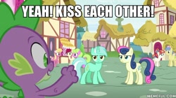 Size: 600x337 | Tagged: safe, edit, edited screencap, screencap, bon bon, daisy, flower wishes, goldengrape, lily, lily valley, lyra heartstrings, roseluck, sir colton vines iii, spike, sweetie drops, dragon, triple threat, flower trio, image macro, meme, shipper on deck, spike the shipper