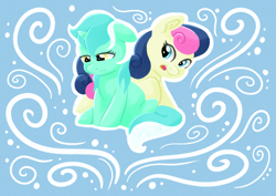 Size: 2300x1627 | Tagged: safe, artist:ruushiicz, bon bon, lyra heartstrings, sweetie drops, earth pony, pony, unicorn, abstract background, female, floppy ears, lesbian, lyrabon, mare, sad, shipping