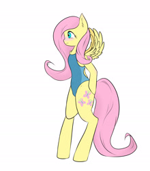 Size: 1972x2236 | Tagged: safe, artist:nero9, fluttershy, pegasus, pony, bipedal, blushing, chest fluff, clothes, embarrassed, female, one-piece swimsuit, simple background, solo, spread wings, swimsuit, white background, wingboner, wings