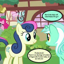 Size: 500x500 | Tagged: safe, edit, edited screencap, screencap, bon bon, lyra heartstrings, pinkie pie, sweetie drops, earth pony, pony, the one where pinkie pie knows, bon bon's baking cookies girls, cropped, speech bubble, text