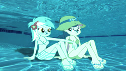 Size: 852x480 | Tagged: safe, artist:kevintoons915, artist:sb1991, part of a series, part of a set, bon bon, lyra heartstrings, sweetie drops, equestria girls, clothes, female, hat, lesbian, lyrabon, sandals, shipping, sitting, story included, swimming pool, swimsuit, underwater, underwater eqg series