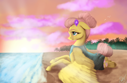 Size: 5585x3661 | Tagged: safe, artist:vinicius040598, fluttershy, pegasus, pony, alternate hairstyle, beach, clothes, cloud, female, flower, flower in hair, hair bun, mare, prone, smiling, solo, sunset, swimsuit