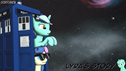 Size: 3840x2160 | Tagged: safe, artist:goatcanon, bon bon, lyra heartstrings, sweetie drops, comic:lyra's story, 3d, crossover, doctor who, portal (valve), source filmmaker, space core, sunglasses, tardis