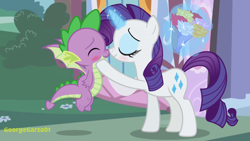 Size: 1788x1006 | Tagged: safe, artist:georgegarza01, rarity, spike, dragon, pony, unicorn, blushing, boop, bouquet, female, flower, imminent kissing, levitation, magic, male, mare, noseboop, shipping, sparity, straight, telekinesis