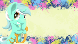 Size: 3200x1800 | Tagged: safe, artist:bluesparkks, lyra heartstrings, pony, unicorn, abstract background, female, looking at you, lyre, mare, smiling, solo
