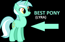 Size: 1564x1018 | Tagged: safe, lyra heartstrings, pony, unicorn, arrow, best pony, black background, cute, female, lyrabetes, mare, simple background, smiling, solo, standing, text