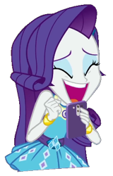 Size: 277x434 | Tagged: safe, rarity, human, equestria girls, background removed, excited, eyes closed, eyeshadow, makeup, open mouth, phone, screaming, simple background, smiling, solo, transparent background