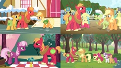 Size: 1688x948 | Tagged: safe, edit, edited screencap, screencap, apple bloom, applejack, big macintosh, caramel, cheerilee, comet tail, granny smith, lemon hearts, linky, lyra heartstrings, sassaflash, scootaloo, shoeshine, spring melody, sprinkle medley, sweetie belle, earth pony, pony, hearts and hooves day (episode), ponyville confidential, the super speedy cider squeezy 6000, winter wrap up, comparison, cutie mark crusaders, hub logo, inconsistency, size comparison