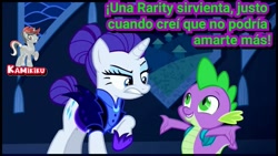 Size: 960x540 | Tagged: safe, edit, edited screencap, screencap, rarity, spike, dragon, pony, unicorn, the cutie re-mark, alternate timeline, female, male, mare, nightmare takeover timeline, shipping, spanish, sparity, straight, translation in description