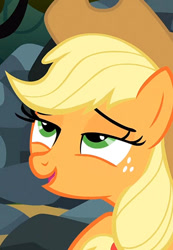 Size: 346x500 | Tagged: safe, screencap, applejack, earth pony, pony, season 3, spike at your service, offscreen character, open mouth, out of context, pleasure, smiling, solo