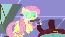 Size: 1920x1080 | Tagged: safe, screencap, fluttershy, pegasus, pony, discordant harmony, ceiling, discovery family logo, goggles, hammer, solo, table