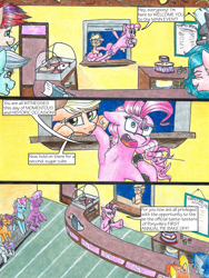 Size: 3000x4000 | Tagged: safe, artist:tillie-tmb, applejack, cheerilee, cup cake, lyra heartstrings, pinkie pie, scootaloo, sweetie belle, thunderlane, earth pony, pony, comic:the amulet of shades, comic, high res, traditional art