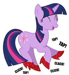 Size: 4577x5000 | Tagged: safe, artist:jennieoo, derpibooru import, twilight sparkle, unicorn twilight, pony, unicorn, absurd resolution, dancing, eyes closed, female, happy, high heels, mare, shoes, simple background, smiling, solo, tap dancing, transparent background