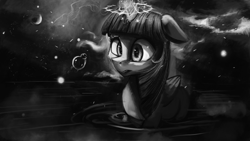 Size: 1920x1080 | Tagged: safe, artist:hierozaki, derpibooru import, twilight sparkle, twilight sparkle (alicorn), alicorn, pony, female, mare, monochrome, solo