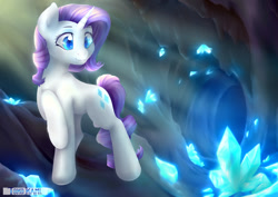 Size: 800x566 | Tagged: safe, artist:tokokami, rarity, pony, unicorn, cave, cavern, crepuscular rays, crystal, cutie mark, female, gem cave, looking at something, looking down, mare, obtrusive watermark, raised hoof, smiling, solo, watermark