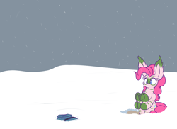 Size: 1280x931 | Tagged: safe, artist:heir-of-rick, pinkie pie, pony, alternate timeline, chrysalis resistance timeline, implied death, implied maud pie, impossibly large ears, snow, solo, tribal pie, underhoof