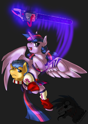 Size: 1754x2480 | Tagged: safe, artist:freepaints, derpibooru import, flash sentry, twilight sparkle, twilight sparkle (alicorn), alicorn, pony, chainsaw, cheerleader sparkle, crossover, disembodied head, female, lollipop chainsaw, mare, voice actor joke