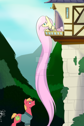 Size: 1024x1536 | Tagged: safe, artist:kirathedragonborn, big macintosh, fluttershy, earth pony, pegasus, pony, clothes, female, fluttermac, looking at each other, male, mare, profile, rapunzel, shipping, stallion, straight, tower, watermark