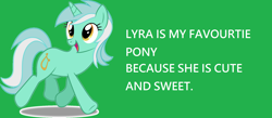 Size: 2100x912 | Tagged: safe, lyra heartstrings, pony, unicorn, female, green background, image macro, meme, misspelling, simple background, smiling, solo