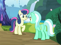 Size: 549x406 | Tagged: safe, screencap, bon bon, lyra heartstrings, sweetie drops, shadow play, butt, cropped, duo, happy, looking at each other, plot, raised hoof, smiling, twilight's castle