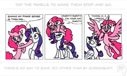 Size: 1000x602 | Tagged: safe, artist:gingerfoxy, pinkie pie, rarity, alicorn, pony, pony comic generator, alicornified, comic, m.a. larson, pinkie sense, pinkiecorn, pony hat, race swap, raricorn, royalty, thanks m.a. larson, xk-class end-of-the-world scenario