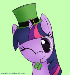 Size: 917x979 | Tagged: safe, artist:galekz, derpibooru import, twilight sparkle, ask-kitty-twi, clover, four leaf clover, hat, mouth hold, saint patrick's day, solo, wink