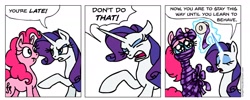 Size: 1610x644 | Tagged: safe, artist:gingerfoxy, pinkie pie, rarity, pony, unicorn, pony comic generator, abuse, angry, bondage, comic, mummification, pinkiebuse, raribitch, ribbon