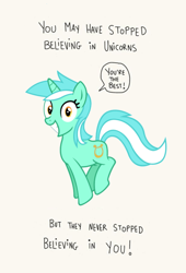 Size: 604x888 | Tagged: artist needed, safe, lyra heartstrings, pony, unicorn, bronybait, cute, humie, irrational exuberance, lyra's humans, lyrabetes, meme, motivational, positive ponies, simple background, smiling, solo, speech bubble, that pony sure does love humans, white background