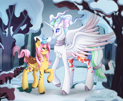 Size: 2744x2253 | Tagged: safe, artist:mailner, fluttershy, princess celestia, alicorn, pegasus, pikachu, pony, blushing, colored wings, couple, crossover, cute, forest, holiday, hooves, horn, pokémon, redesign, reshiram, smiling, unshorn fetlocks, wings, winter