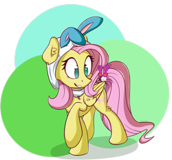 Size: 1232x1142 | Tagged: safe, artist:sentireaeris, fluttershy, butterfly, pegasus, pony, bunny ears, cute, female, folded wings, looking at something, mare, raised hoof, shyabetes, simple background, smiling, solo