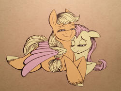 Size: 3264x2448 | Tagged: safe, artist:waterferret, applejack, fluttershy, earth pony, pegasus, pony, appleshy, cuddling, eyes closed, female, hug, lesbian, mare, prone, shipping, snuggling, unshorn fetlocks, winghug