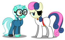 Size: 12157x7425 | Tagged: safe, artist:dashiesparkle, artist:skie-vinyl, edit, bon bon, lyra heartstrings, sweetie drops, absurd resolution, clothes, cosplay, costume, danger mouse, eyepatch, glasses, parody, penfold, secret agent sweetie drops, shoes, simple background, transparent background, vector, vector edit