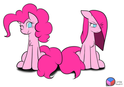 Size: 841x593 | Tagged: safe, artist:genericmlp, pinkie pie, earth pony, pony, duality, hair over one eye, one eye closed, pinkamena diane pie, simple background, sitting, white background, wink