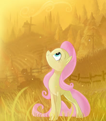 Size: 1400x1599 | Tagged: safe, artist:jaeneth, fluttershy, pegasus, pony, fence, forest, looking up, solo, windmill