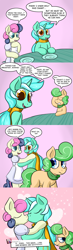 Size: 700x2400 | Tagged: safe, artist:zanezandell, bon bon, lyra heartstrings, sweetie drops, comic:cmcnext, ask, bipedal, clothes, cmcnext, comic, facehoof, female, kissing, lesbian, lyrabon, magical lesbian spawn, male, mother, mother and child, mother and son, no shit sherlock, offspring, parent and child, parent:bon bon, parent:lyra heartstrings, parents:lyrabon, scarf, shipping, son, speech bubble, table, tumblr