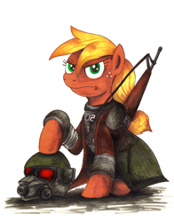 Size: 1963x2500 | Tagged: safe, artist:jamescorck, applejack, earth pony, pony, armor, clothes, commission, crossover, fallout, fallout: new vegas, helmet, ncr ranger, sitting