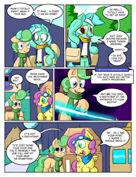 Size: 1280x1656 | Tagged: safe, artist:zanezandell, lyra heartstrings, oc, oc:sugarbolt, oc:truffle mint, comic:cmcnext, apology, armpits, ascot, ask, belt, bipedal, clothes, cmcnext, colt, comic, female, goggles, laser, magical lesbian spawn, male, mother, mother and child, mother and son, offspring, parent and child, parent:bon bon, parent:lyra heartstrings, parents:lyrabon, saddle bag, scarf, shirt, son, speech bubble, tumblr, vest, you dun goofed