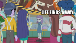 Size: 1200x675 | Tagged: safe, edit, edited screencap, screencap, blueberry cake, curly winds, lyra heartstrings, maud pie, microchips, some blue guy, velvet sky, better together, equestria girls, school of rock, caption, dr. ian malcolm, image macro, jeff goldblum, jurassic park, meme