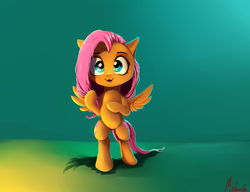 Size: 1900x1460 | Tagged: safe, artist:miokomata, fluttershy, pegasus, pony, belly button, bipedal, cute, fangs, female, gradient background, looking at you, mare, shyabetes, signature, smiling, solo