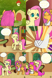 Size: 1600x2400 | Tagged: safe, fluttershy, scootaloo, pegasus, pony, comic:ask motherly scootaloo, book, bookshelf, cast, comic, fluttershy's cottage, hairpin, hug, motherly scootaloo, painting, sofa