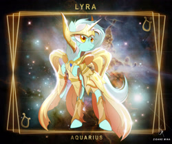 Size: 3840x3232 | Tagged: safe, artist:zidanemina, lyra heartstrings, pony, unicorn, aquarius, armor, female, horoscope, mare, rearing, saint seiya, serious, serious face, solo, zodiac