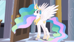 Size: 1000x562 | Tagged: safe, screencap, princess celestia, alicorn, pony, princess twilight sparkle (episode), animated, beautiful, bedroom, crown, cutie mark, door, ethereal mane, ethereal tail, female, flowing mane, flowing tail, gif, hoof shoes, jewelry, majestic, mare, multicolored mane, multicolored tail, peytral, pillar, regalia, reversed, smiling, spread wings