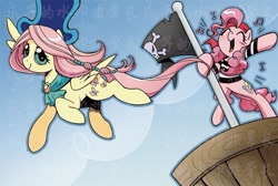 Size: 709x477 | Tagged: safe, artist:yukandasama, fluttershy, pinkie pie, pegasus, pony, eyes closed, hat, jolly roger, pirate, singing