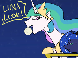 Size: 1800x1350 | Tagged: safe, artist:flutterluv, princess celestia, princess luna, alicorn, pony, :, balcony, dialogue, duo, female, forced perspective, frown, leaning, lidded eyes, luna is not amused, mare, moon, night, raised hoof, royal sisters, sillestia, silly, sisters, sky, speech bubble, stars, text, unamused