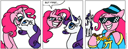 Size: 936x362 | Tagged: safe, artist:gingerfoxy, pinkie pie, rarity, pony, unicorn, pony comic generator, carousel boutique, comic, food, grin, hat, pi, pie, smiling, sunglasses, swag