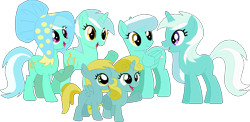 Size: 1042x510 | Tagged: safe, artist:starryoak, bee bop, cornetta, lyra heartstrings, skyra, sun glimmer, earth pony, pegasus, pony, unicorn, background pony, base used, bonnet, family, female, filly, harpica heartstrings, palette swap, recolor, silver heartstrings, silver strings, simple background, skyra heartstrings, sunlight glimmer, transparent background