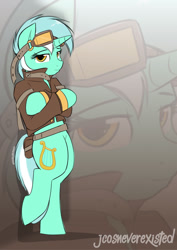 Size: 904x1279 | Tagged: safe, artist:jcosneverexisted, lyra heartstrings, pony, bipedal, bipedal leaning, clothes, crossed arms, crossed hooves, doodle, female, goggles, jacket, leaning, looking at you, mare, patreon, smiling, solo, zoom layer