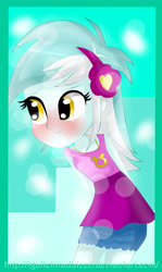 Size: 4015x6722 | Tagged: safe, artist:vixelzf, lyra heartstrings, equestria girls, absurd resolution, arm behind back, blushing, cute, female, flower, flower in hair, headband, lyrabetes, smiling, solo, teenager