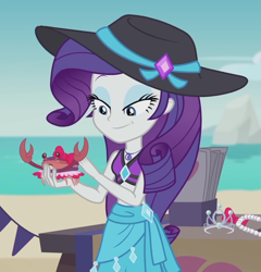 Size: 996x1037 | Tagged: safe, screencap, rarity, crab, better together, equestria girls, too hot to handle, beach, beach babe, bikini, bikini babe, bikini top, bow, brochure, clothes, cropped, cute, eyeshadow, female, geode of shielding, hat, jewelry, lidded eyes, magical geodes, makeup, midriff, necklace, pearl necklace, raribetes, sarong, smiling, solo, sun hat, swimsuit, tiara